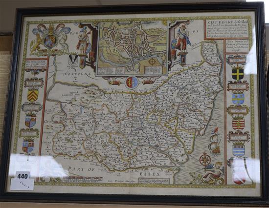 John Speed, coloured engraving, Map of Suffolke described, sold by Thomas Bassett in Fleet Street and overall 40 x 52cm